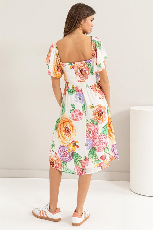 PRINT FLUTTER SLEEVE SMOCKED DRESS