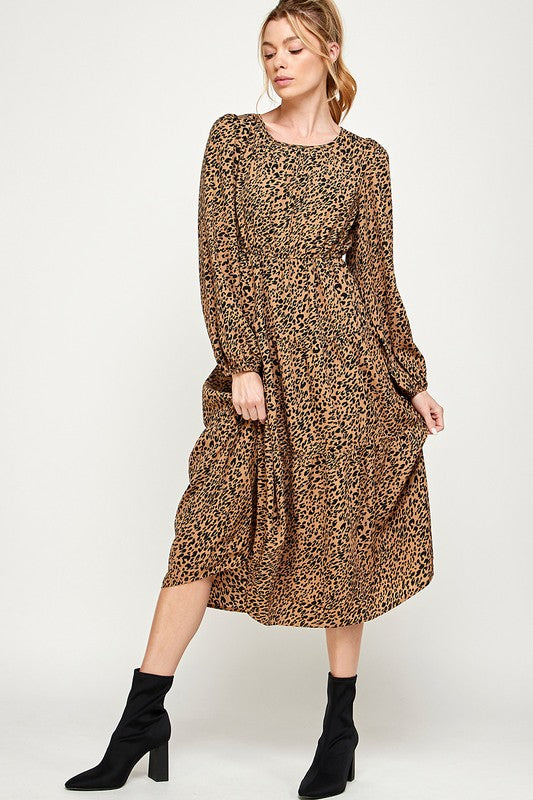 ANIMAL PRINT TIERED MIDI DRESS