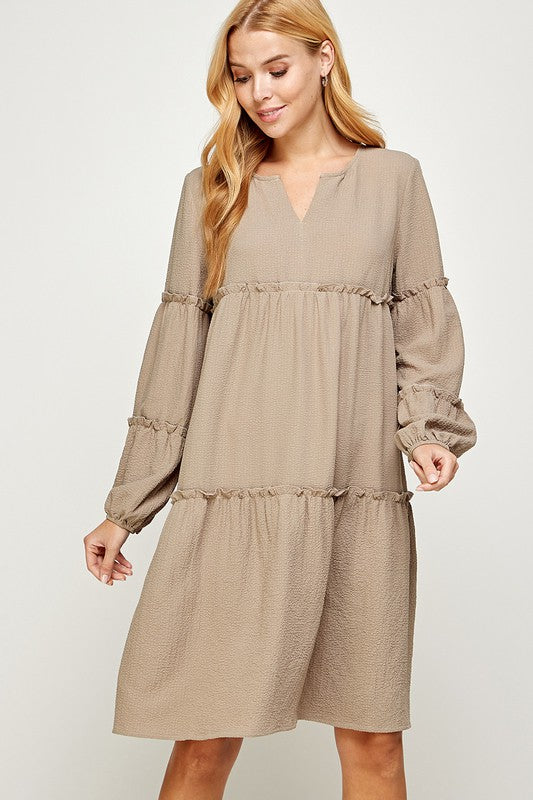 TIERED BISHOP SLEEVES MIDI DRESS