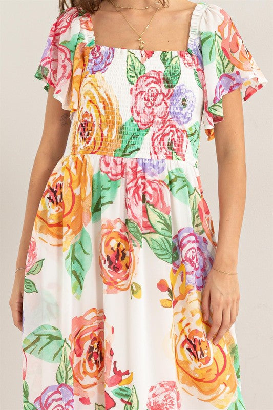 PRINT FLUTTER SLEEVE SMOCKED DRESS