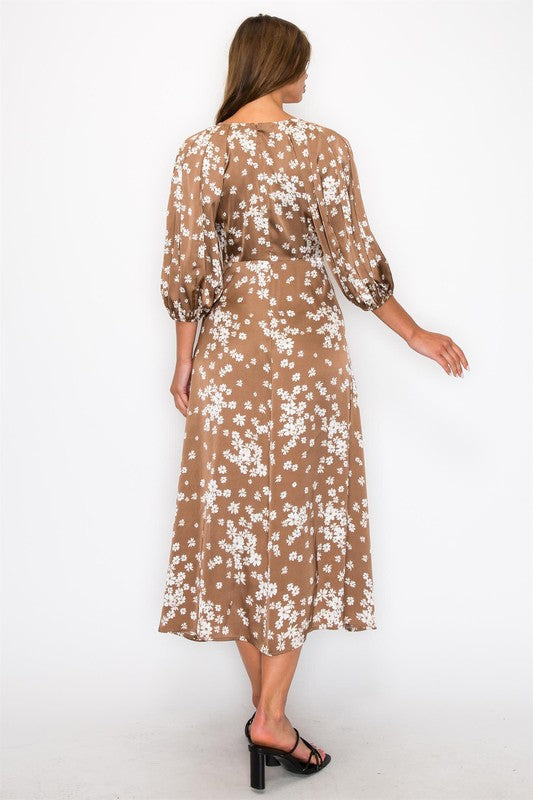 FLORAL 3-4 SLEEVE V-NECK MAXI DRESS