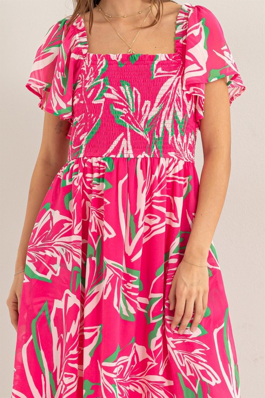 LEAFY PRINT FLUTTER SLEEVE DRESS