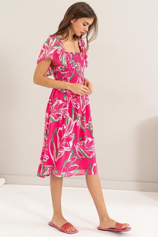 LEAFY PRINT FLUTTER SLEEVE DRESS