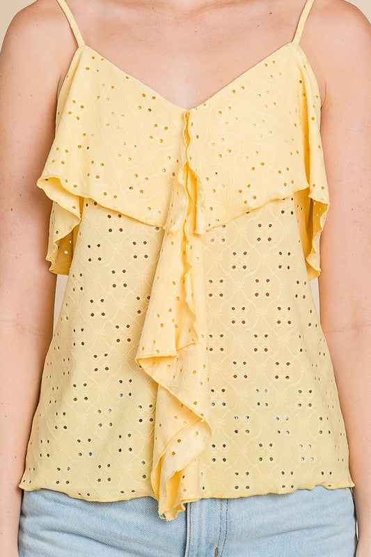 DOUBLE DRAPE RUFFLE EYELET CAMI TOP