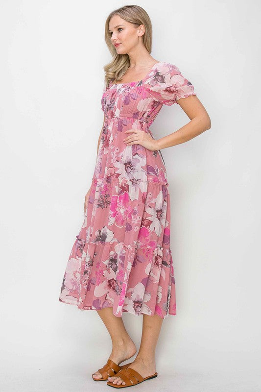 PRINT CHIFFON PEASANT MIDI DRESS