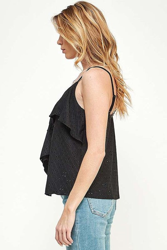 DOUBLE DRAPE RUFFLE EYELET CAMI TOP