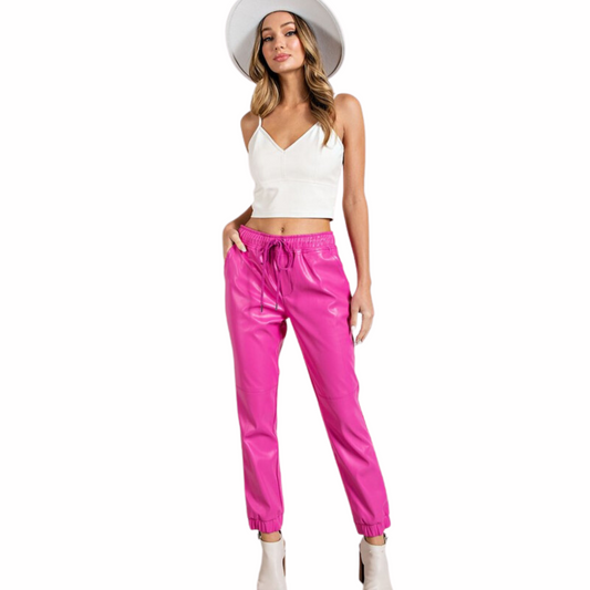 HIGH QUALITY FAUX LEATHER DRAWSTRING PANTS WITH POCKETS