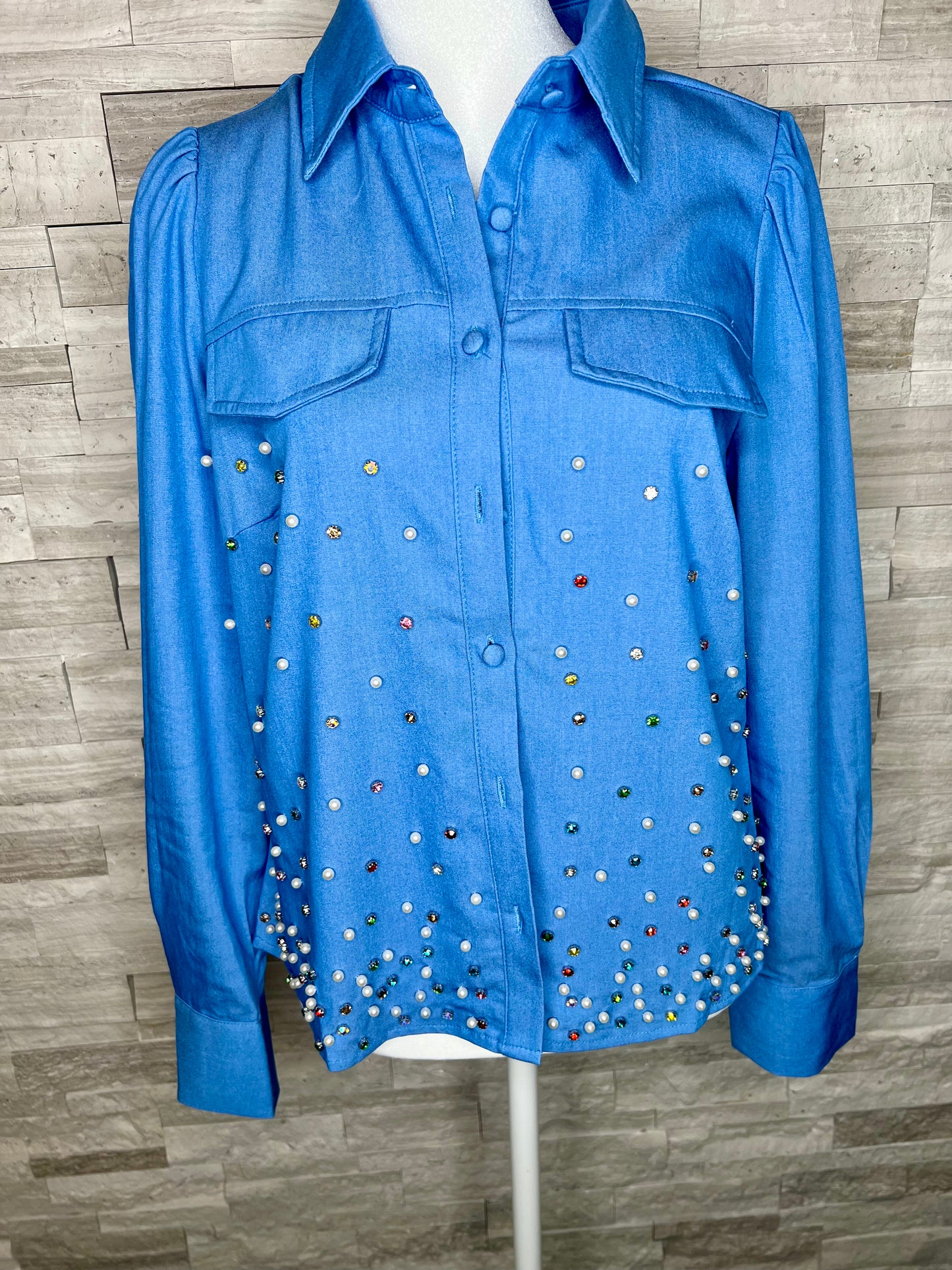 EMBELLISHED BUTTON DOWN BLOUSE