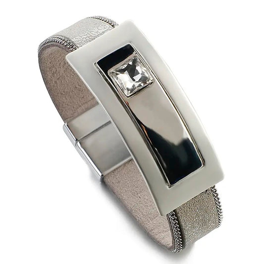TRENDY RECTANGLE CRYSTAL LEATHER BRACELET WITH MAGNETIC CLASP