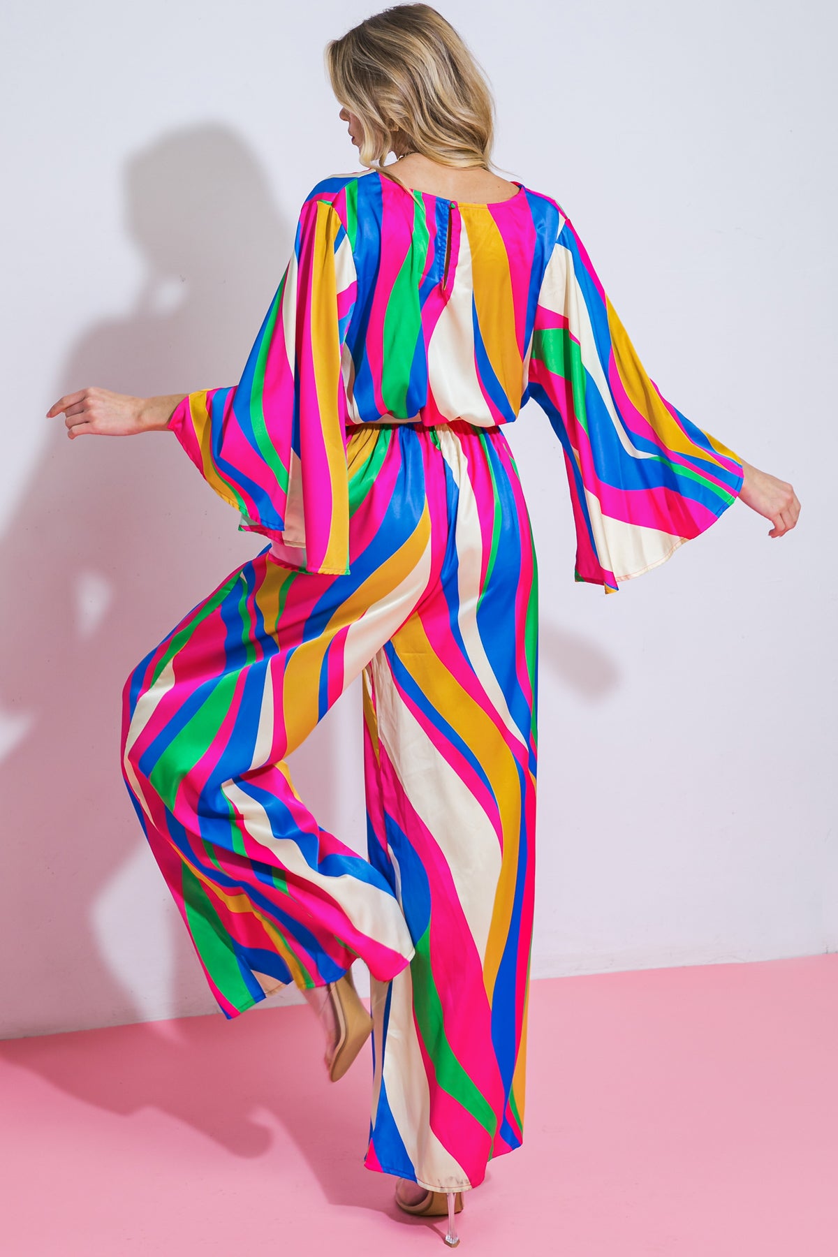 COLORFUL ELASTIC WAIST PRINTED JUMPSUIT