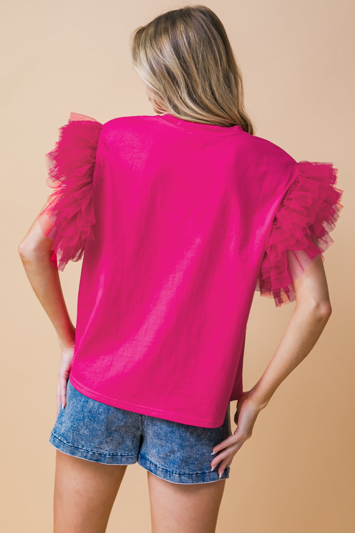 TULLE RUFFLE SLEEVES RHINESTONES TOP
