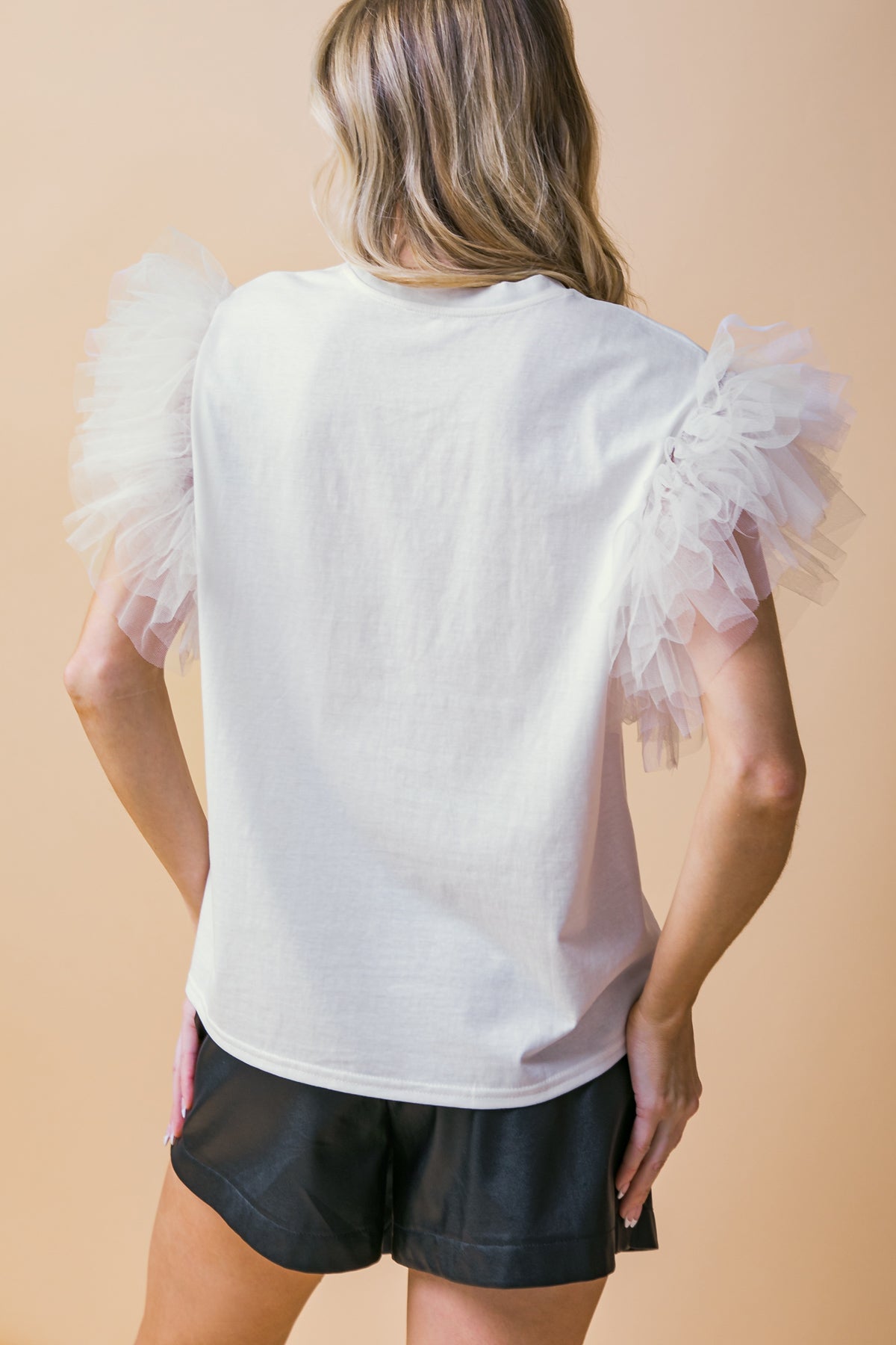 TULLE RUFFLE SLEEVES RHINESTONES TOP