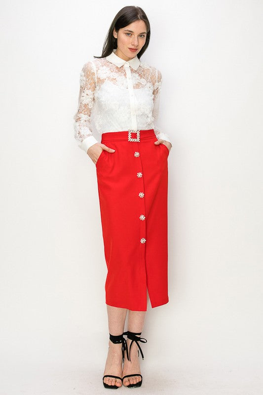 RHINESTONE BELT FRONT BUTTON DOWN MIDI SKIRT