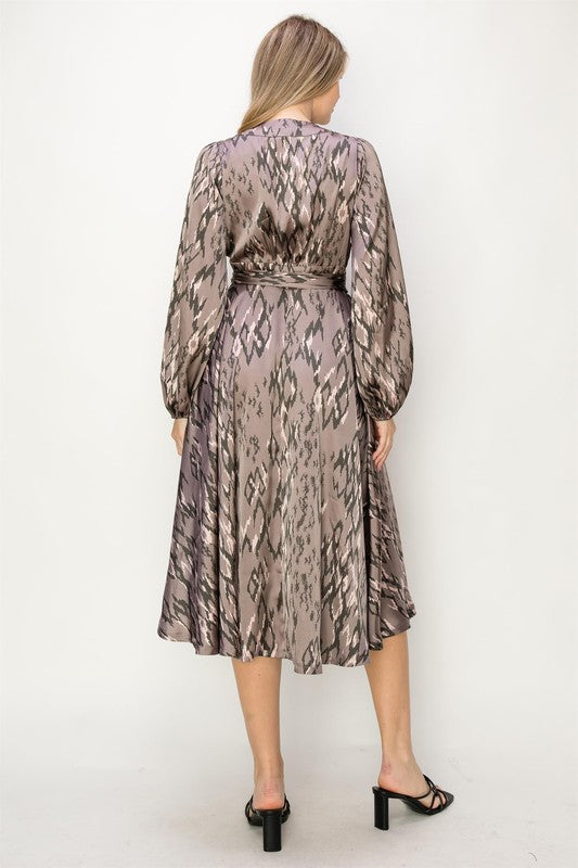 SATIN TRIBAL SLEEVE V-NECK MIDI DRESS