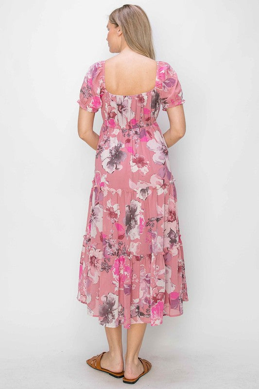 PRINT CHIFFON PEASANT MIDI DRESS