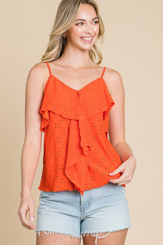 DOUBLE DRAPE RUFFLE EYELET CAMI TOP