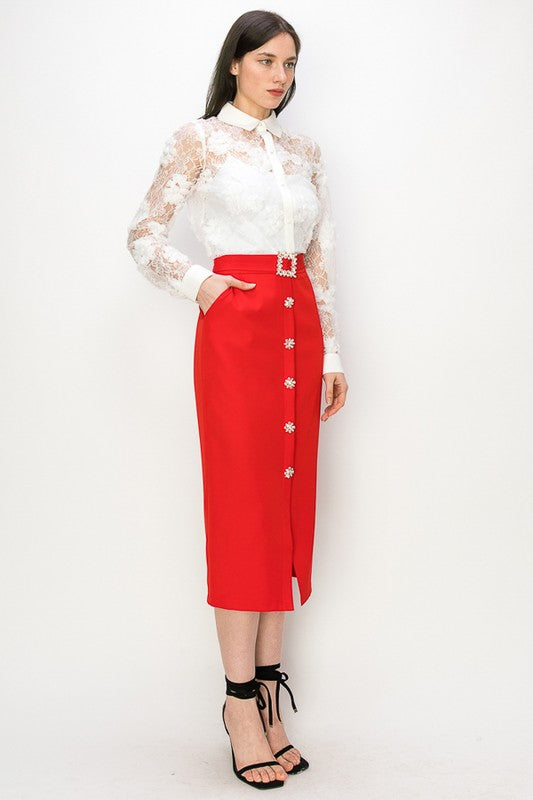 RHINESTONE BELT FRONT BUTTON DOWN MIDI SKIRT