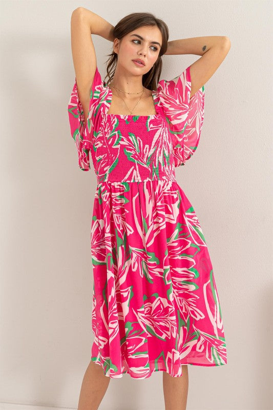 LEAFY PRINT FLUTTER SLEEVE DRESS