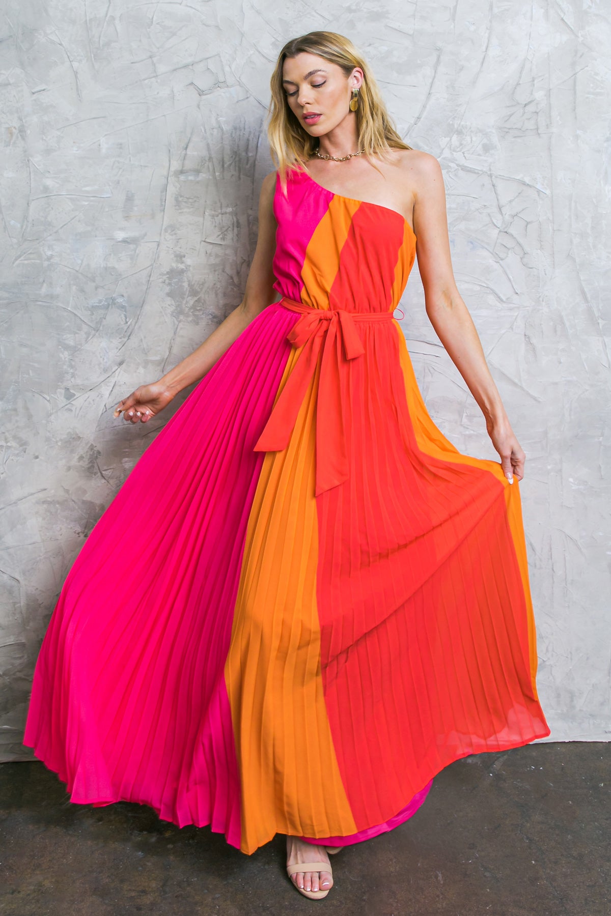 ONE SHOULDER COLORBLOCK MAXI DRESS