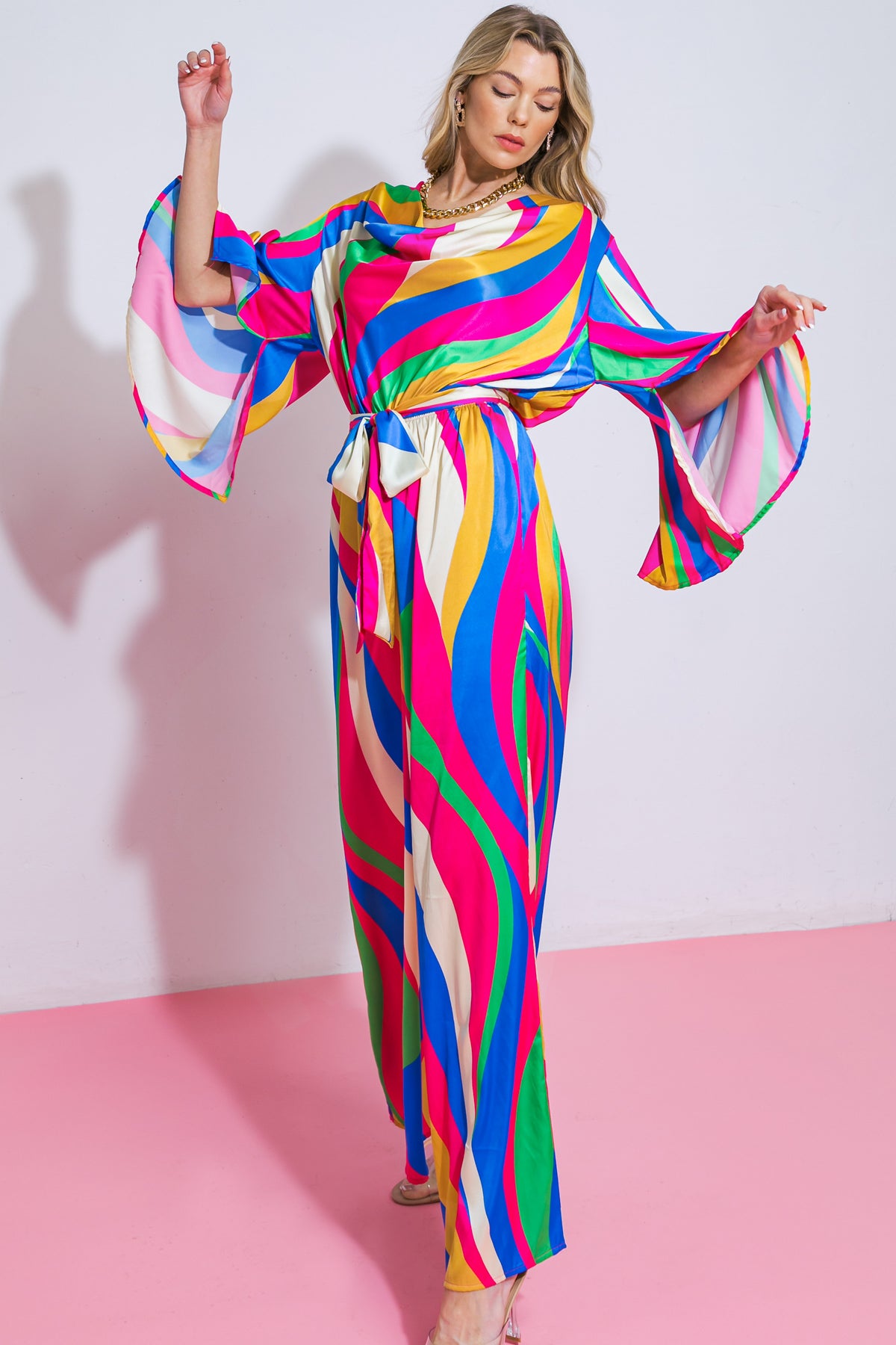 COLORFUL ELASTIC WAIST PRINTED JUMPSUIT