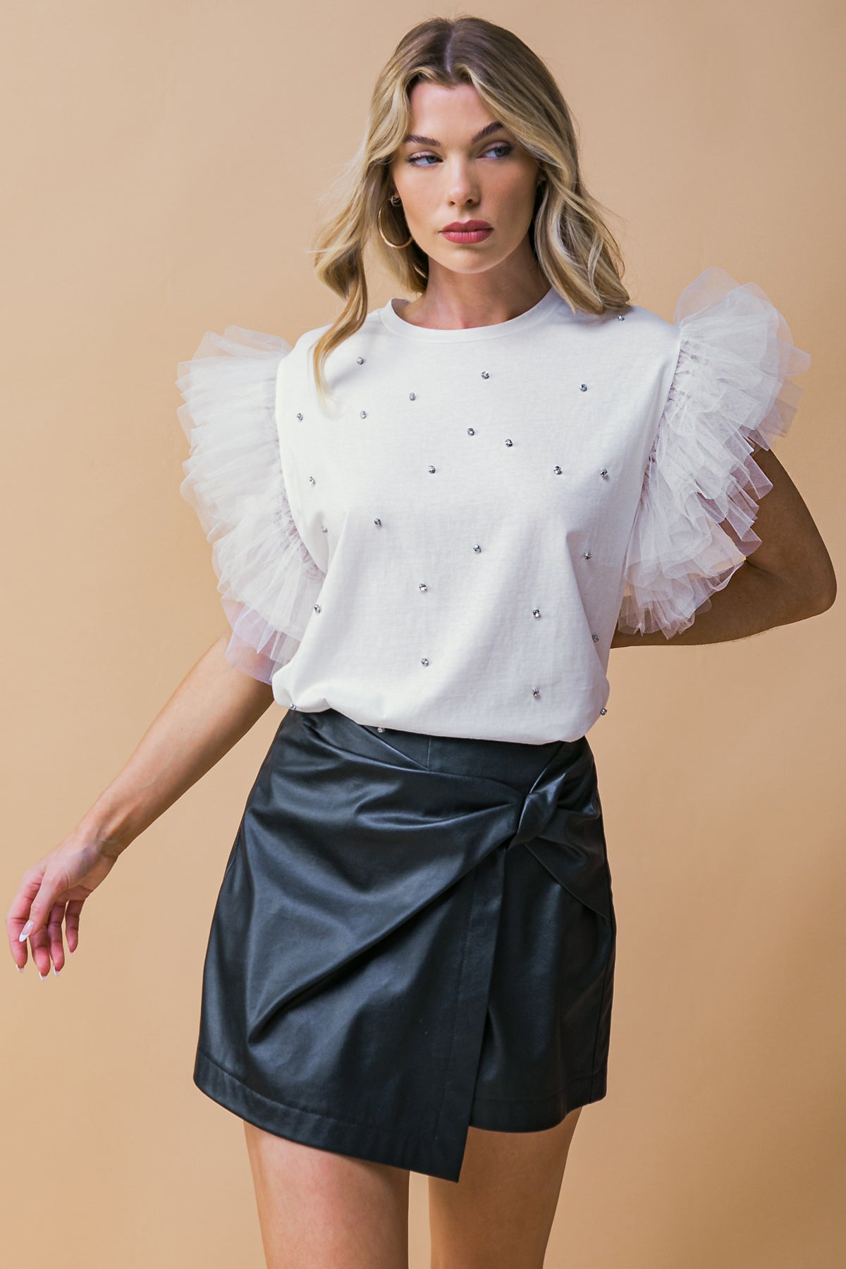TULLE RUFFLE SLEEVES RHINESTONES TOP