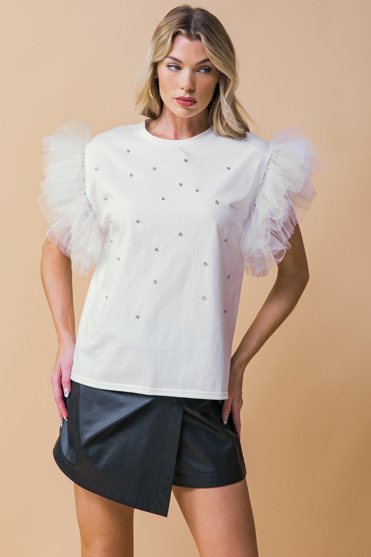 TULLE RUFFLE SLEEVES RHINESTONES TOP