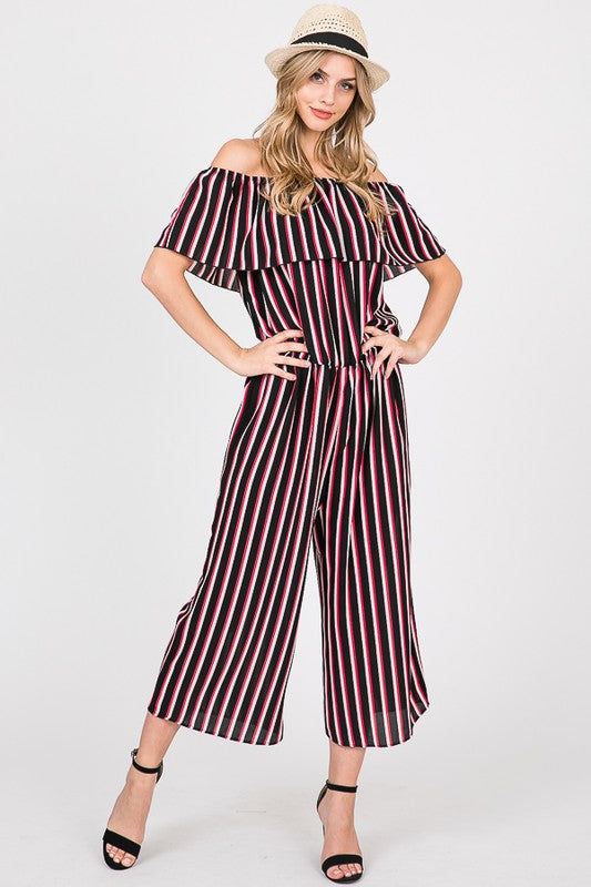 OFF SHOULDER STRIPES JUMPSUITS