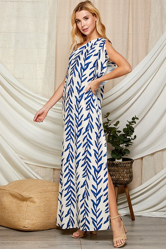 LEAF PRINT ONE SHOULDER SATIN MAXI DRESS