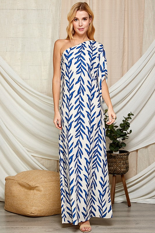 LEAF PRINT ONE SHOULDER SATIN MAXI DRESS