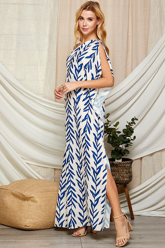 LEAF PRINT ONE SHOULDER SATIN MAXI DRESS