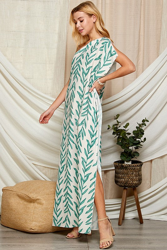 LEAF PRINT ONE SHOULDER SATIN MAXI DRESS