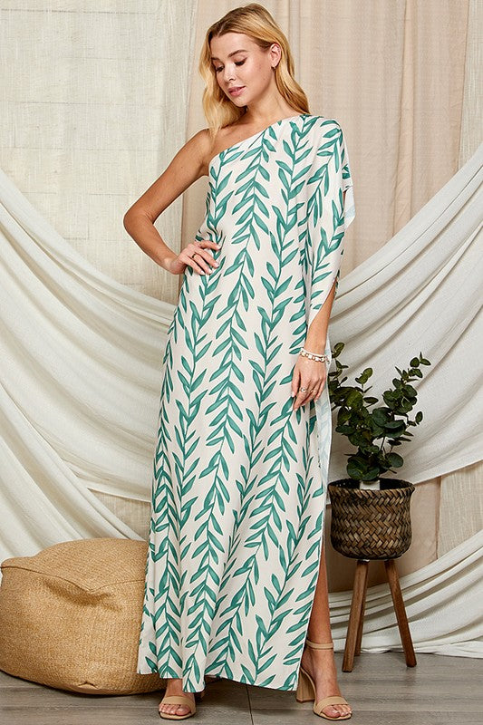 LEAF PRINT ONE SHOULDER SATIN MAXI DRESS