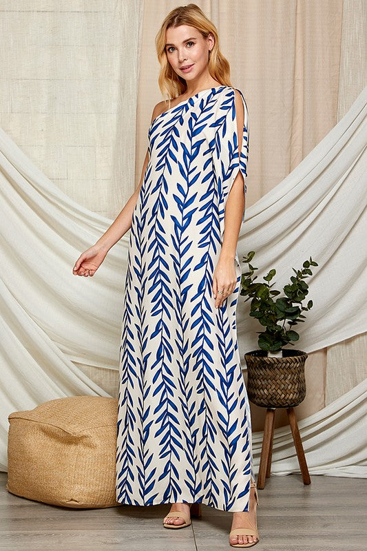 LEAF PRINT ONE SHOULDER SATIN MAXI DRESS