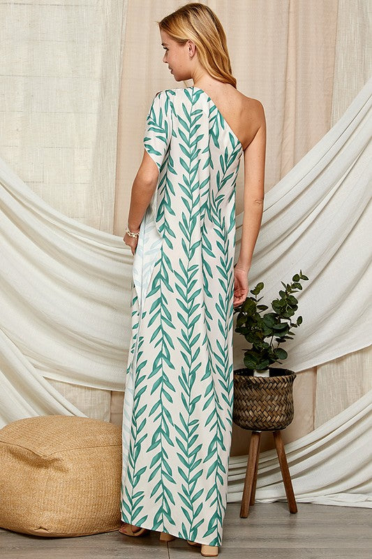 LEAF PRINT ONE SHOULDER SATIN MAXI DRESS