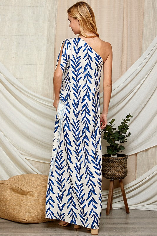 LEAF PRINT ONE SHOULDER SATIN MAXI DRESS