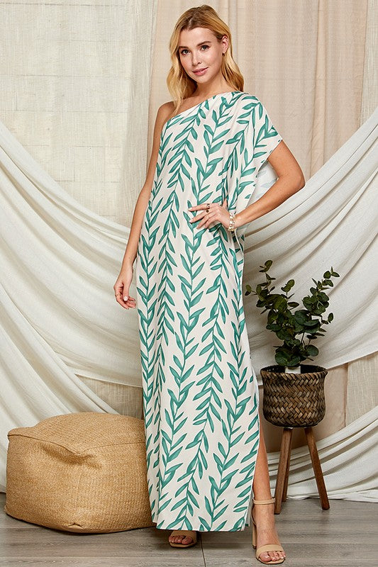 LEAF PRINT ONE SHOULDER SATIN MAXI DRESS