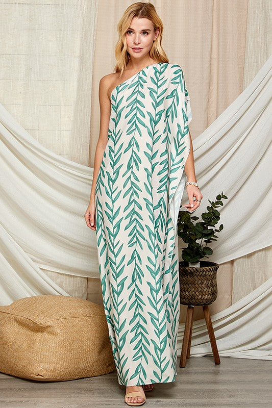 LEAF PRINT ONE SHOULDER SATIN MAXI DRESS