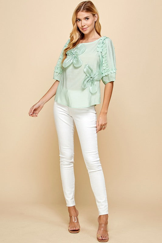 FLOWER DESIGN TOP WITH RUFFLES