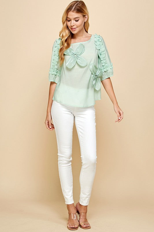 FLOWER DESIGN TOP WITH RUFFLES