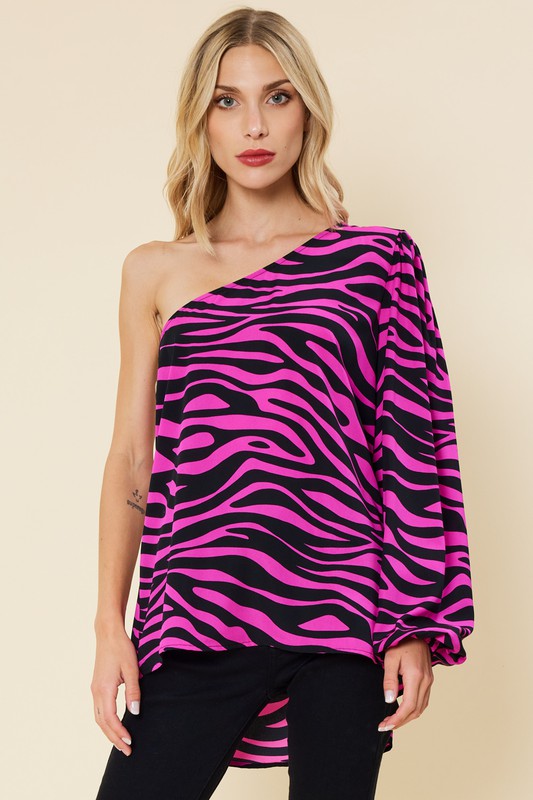 ONE SHOULDER ZEBRA TOP Cinderella s Closet Boutique