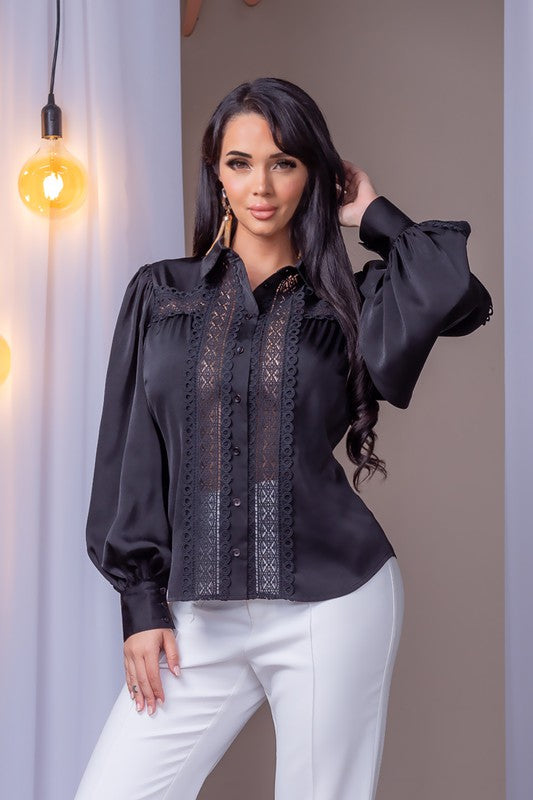LACE TRIM BALLOON SLEEVE BLOUSE