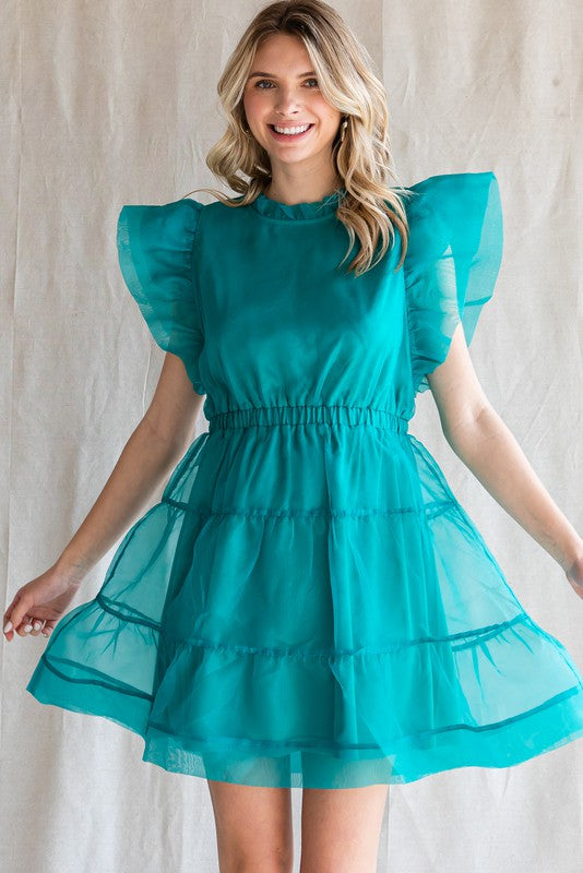 ORGANZA RUFFLED SHOULDER DRESS