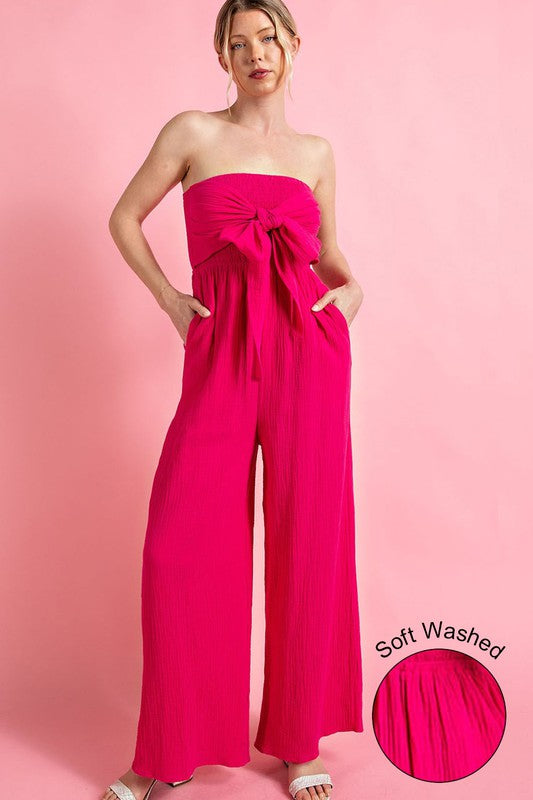 STRAPPLESS SMOCKED JUMPSUIT