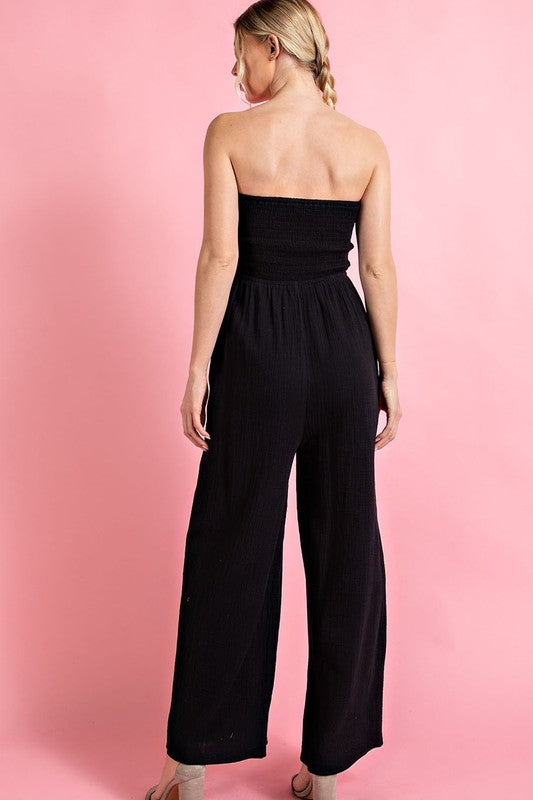 STRAPPLESS SMOCKED JUMPSUIT