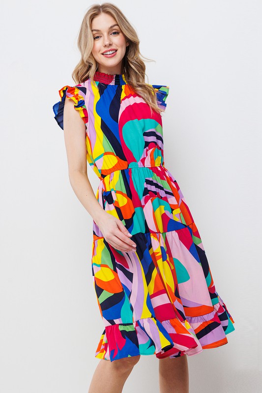 MULTI COLOR RUFFLED SLEEVE TIERED MINI DRESS