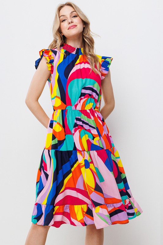 MULTI COLOR RUFFLED SLEEVE TIERED MINI DRESS