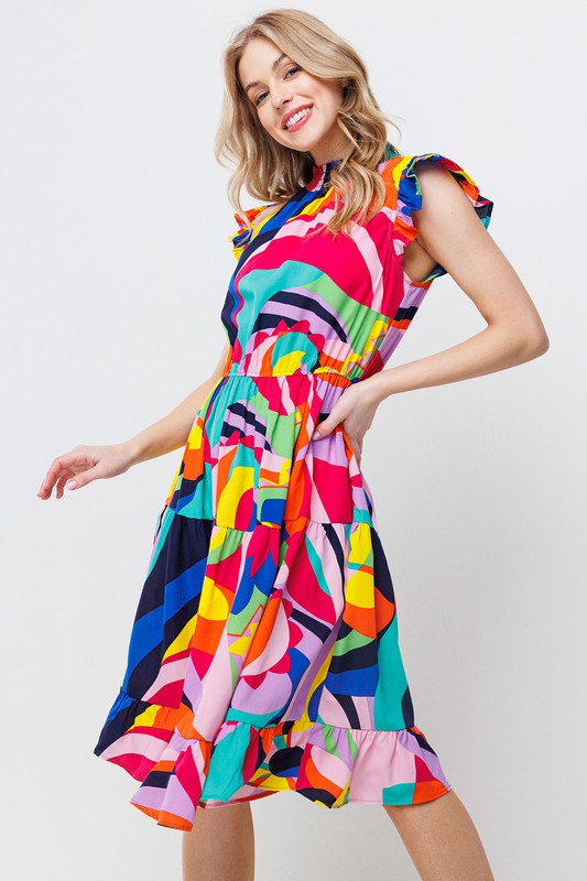 MULTI COLOR RUFFLED SLEEVE TIERED MINI DRESS