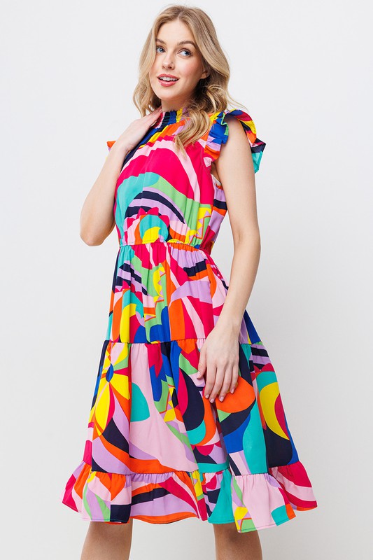 MULTI COLOR RUFFLED SLEEVE TIERED MINI DRESS