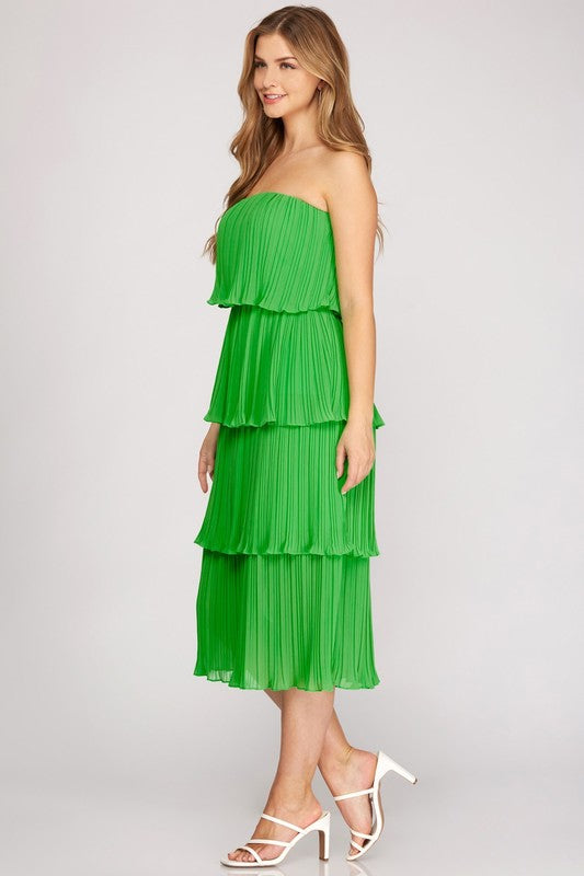 PLEATED LAYERED MIDI DRESS