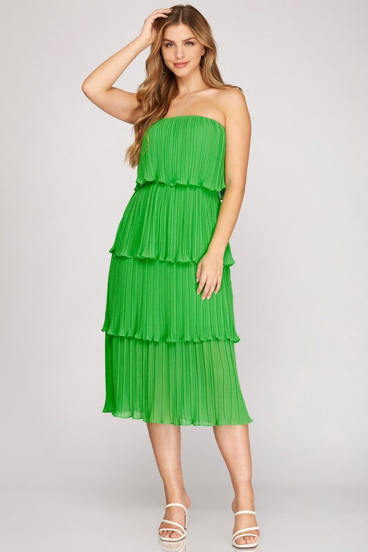 PLEATED LAYERED MIDI DRESS